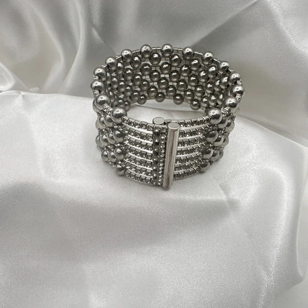 Vintage 90s Silver Tone Multi Row Bead Clear Glass Wide Cuff Statement Bracelet